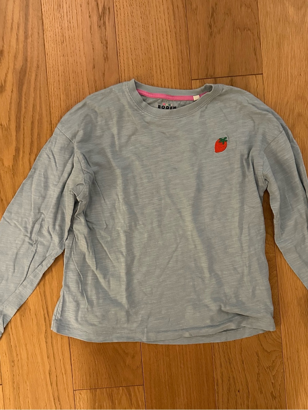 Mini Boden Light Blue Long Sleeve Top with Orange Strawberry Patch